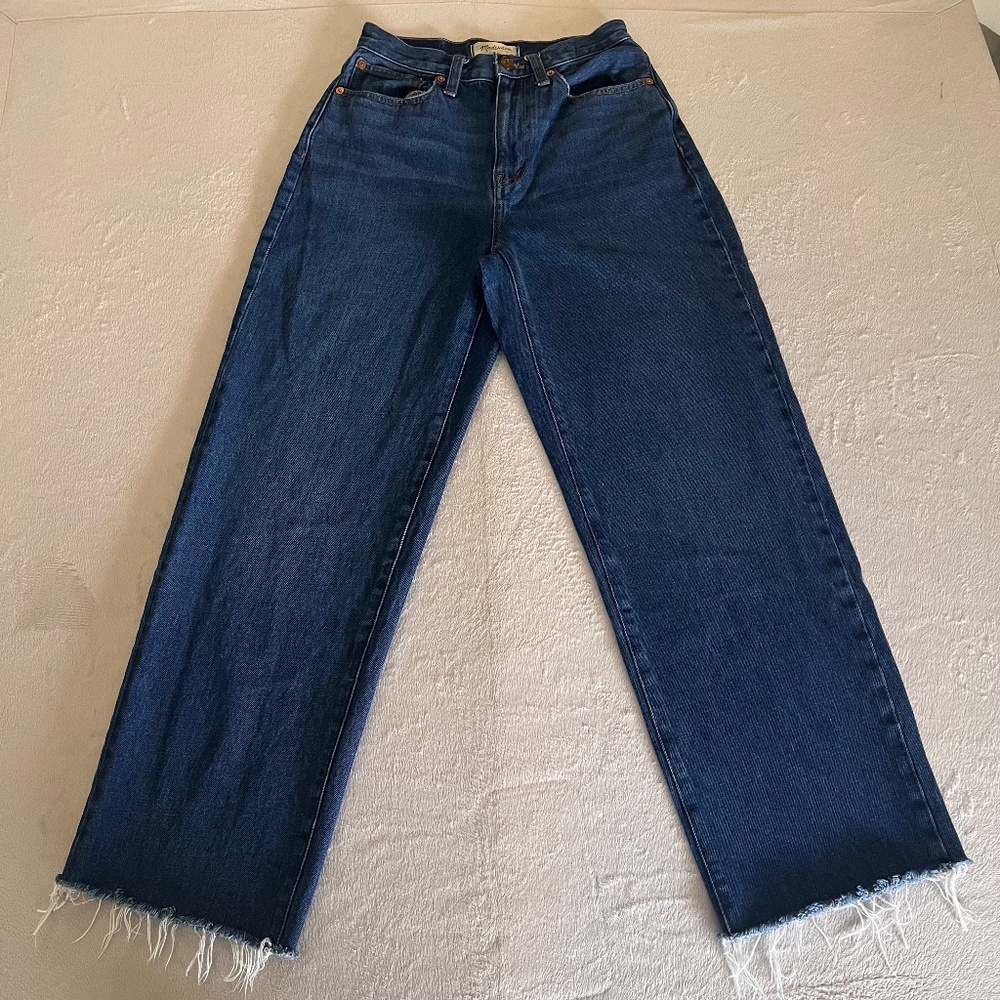Madewell  Women's  Jeans Blue Baggy Straight Denim Medium Wass Frayed Hem Sz 24
